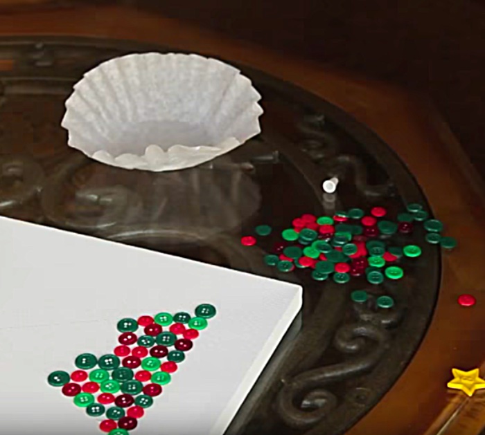 Learn to make this DIY Craft Button Wall ART in the shape of a Christmas tree on a blank canvas