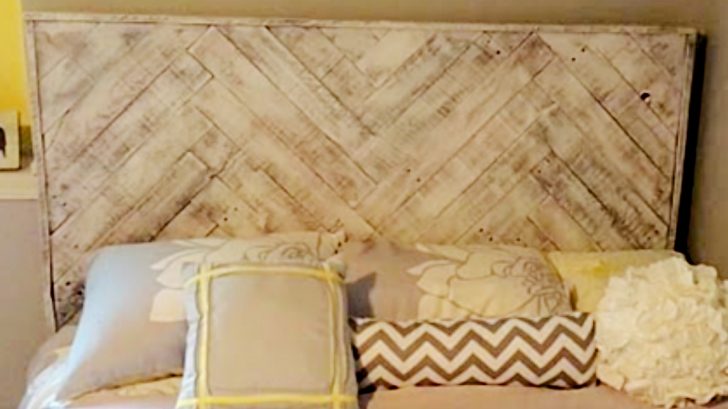 Learn to make a beautiful DIY Herringbone Headboard from a recycled Upcycled old pallet