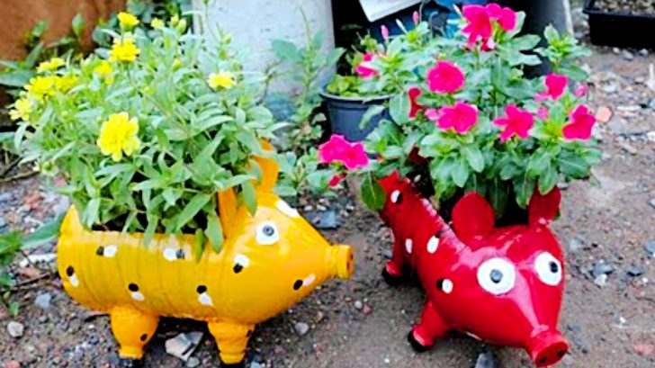Learn to make DIY Piggy Planters from old recycled plastic bottles