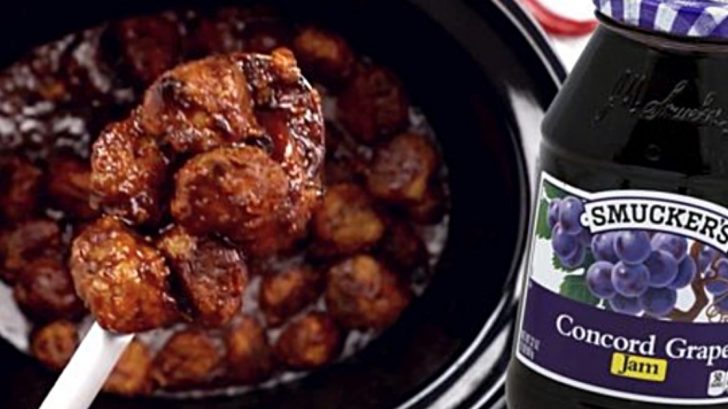 Make three ingredient crockpot meatballs with grape jelly and chili sauce